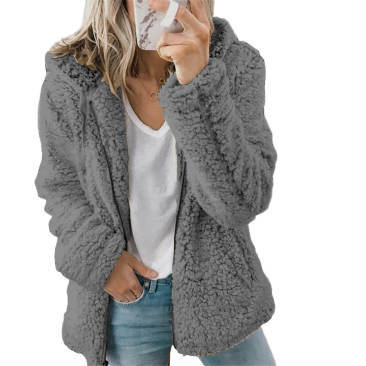 Women's warm teddy fleece outerwear jacket, designed for cozy winter & autumn style. Soft zippered coat.