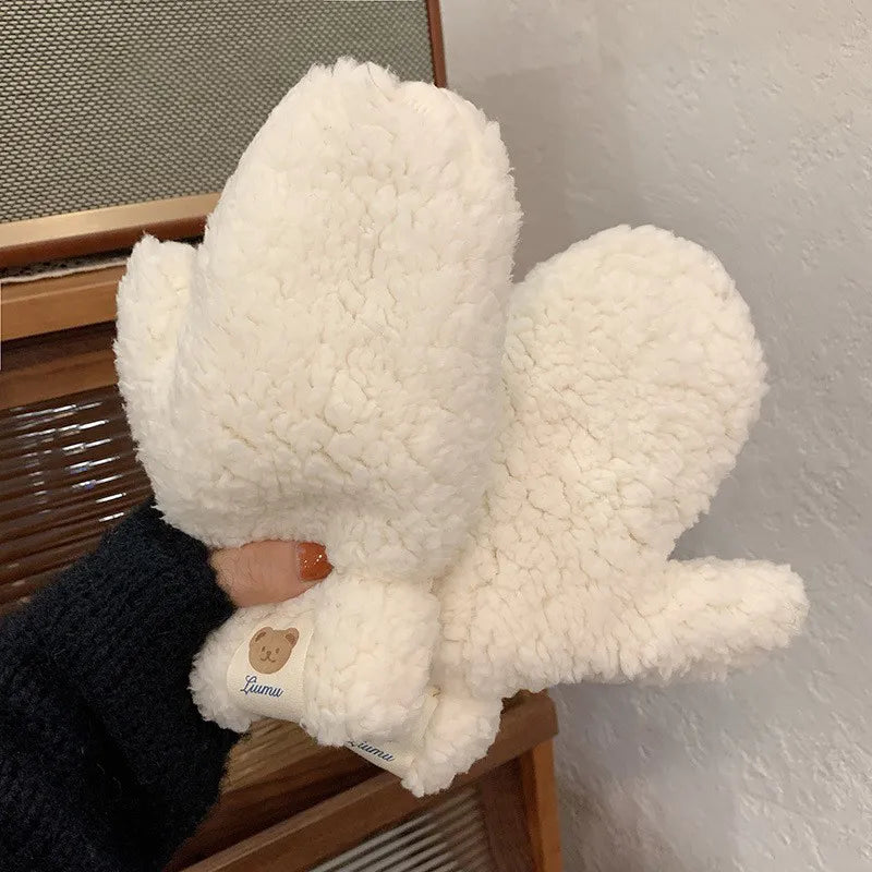 Plush teddy mittens for women, an adjustable and cozy accessory to keep hands warm all winter.