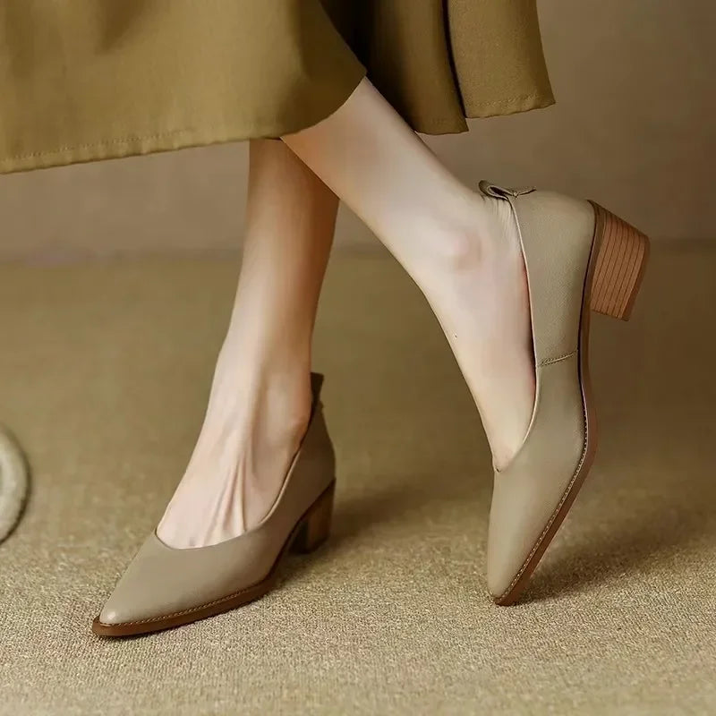 Women's pointed toe block heel slip-on court shoes for elegant professional wear.