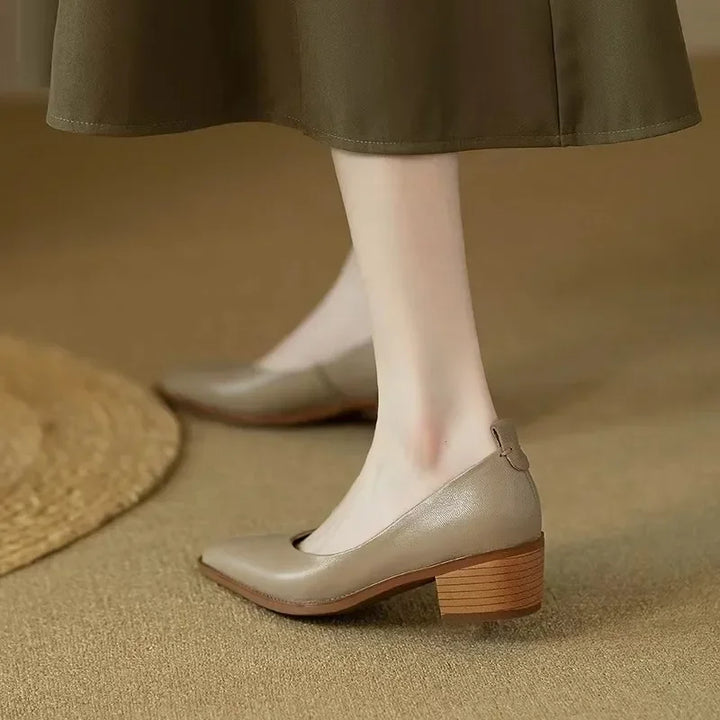 Elegant slip-on women's court shoes with pointed toe and comfortable block heel for daily wear.