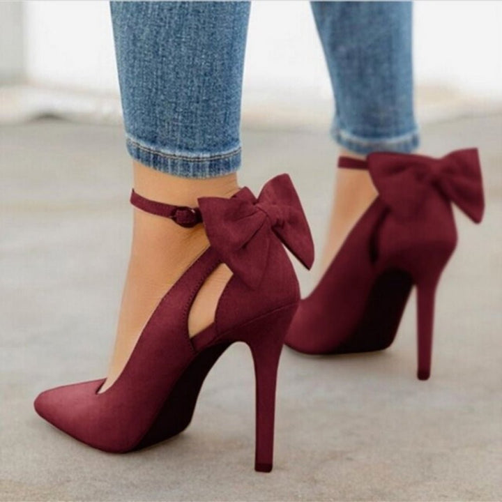 Women's pointed toe high heel court shoes with elegant bow detail, perfect for formal events and office wear.