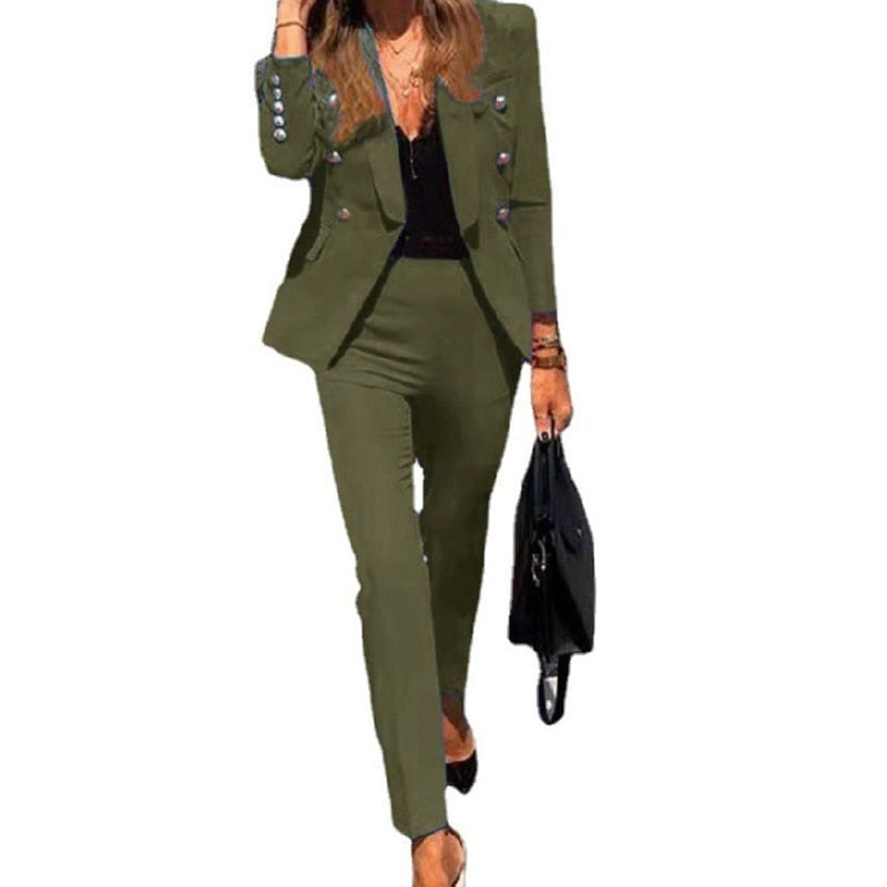 Complete women's double-breasted suit ensemble: sophisticated blazer and tailored trousers for business fashion.