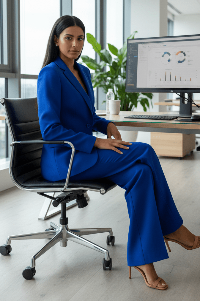 Elegant women's tailored blazer and matching pants set, ideal formal outfit for office wear & events.