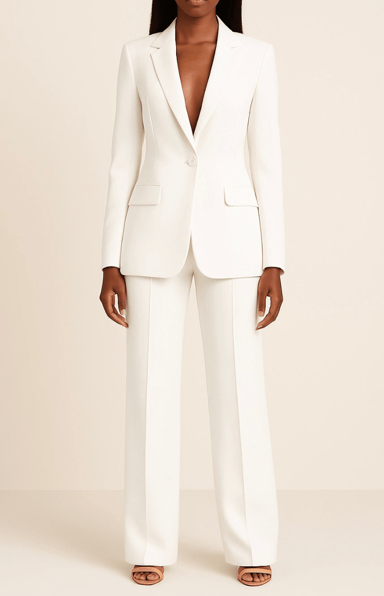 Modern women's business suit. Tailored blazer and straight-leg pants for a sophisticated, professional look.