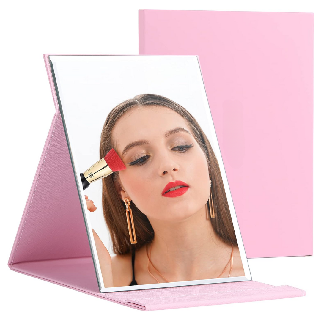 Adjustable stand compact make-up mirror for women, a versatile beauty essential for vanity or travel.