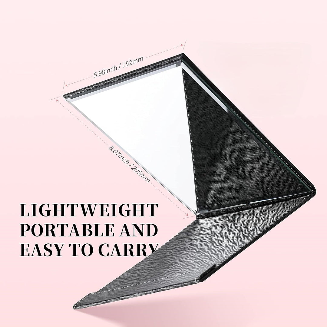 Small portable make-up mirror for women, compact design with a useful, built-in stand.