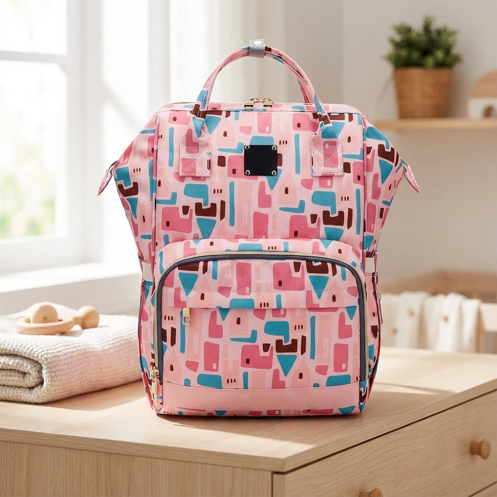 Women's portable diaper backpack, black, with smart compartments for baby essentials.