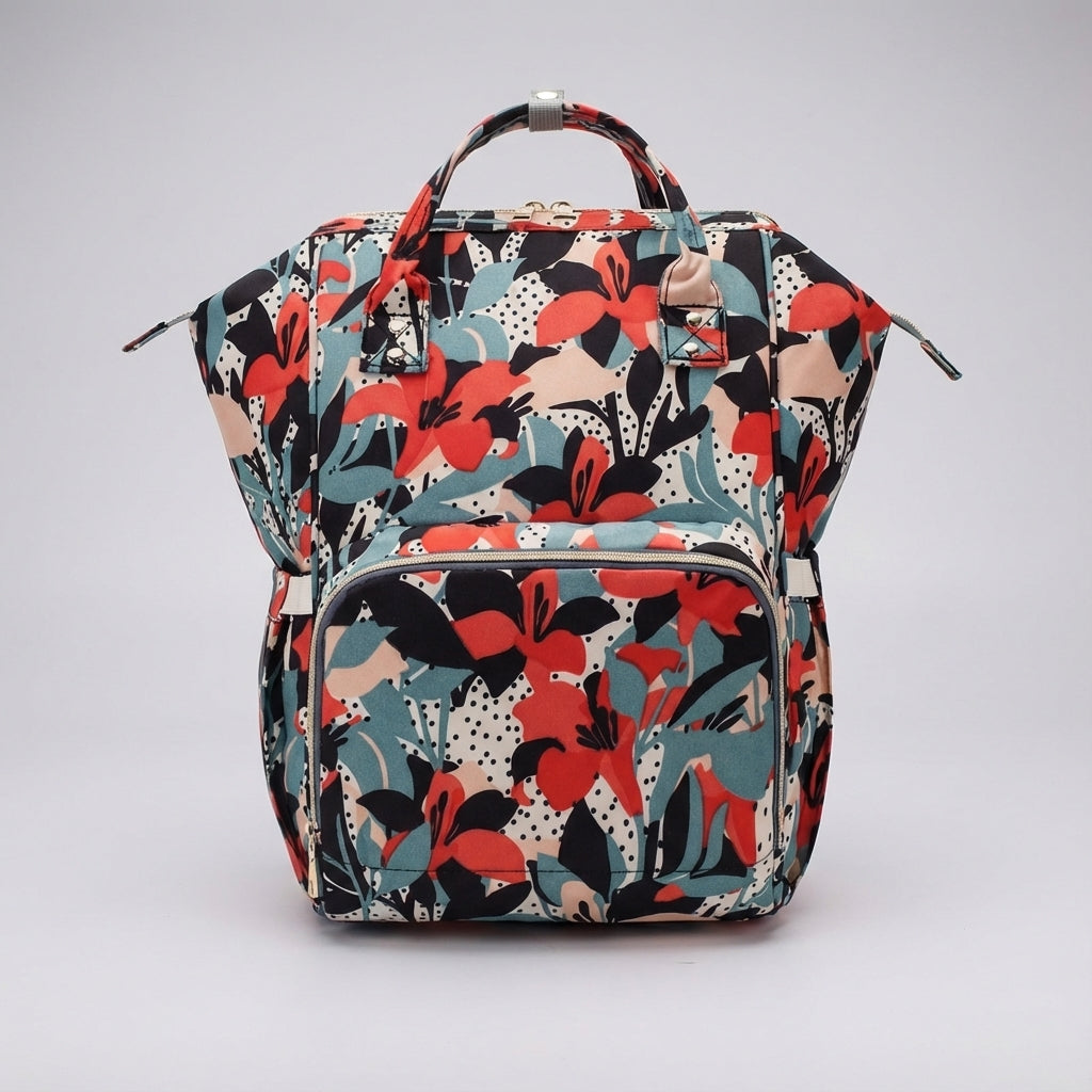 Fully packed baby essentials organizer backpack, ready for stroller attachment on family outings.