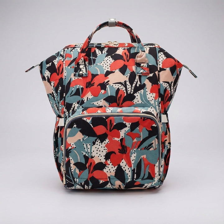 Fully packed baby essentials organizer backpack, ready for stroller attachment on family outings.