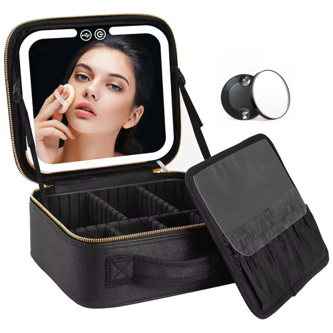 Women's portable travel makeup organizer with LED mirror for cosmetics, perfect for beauty on the go.