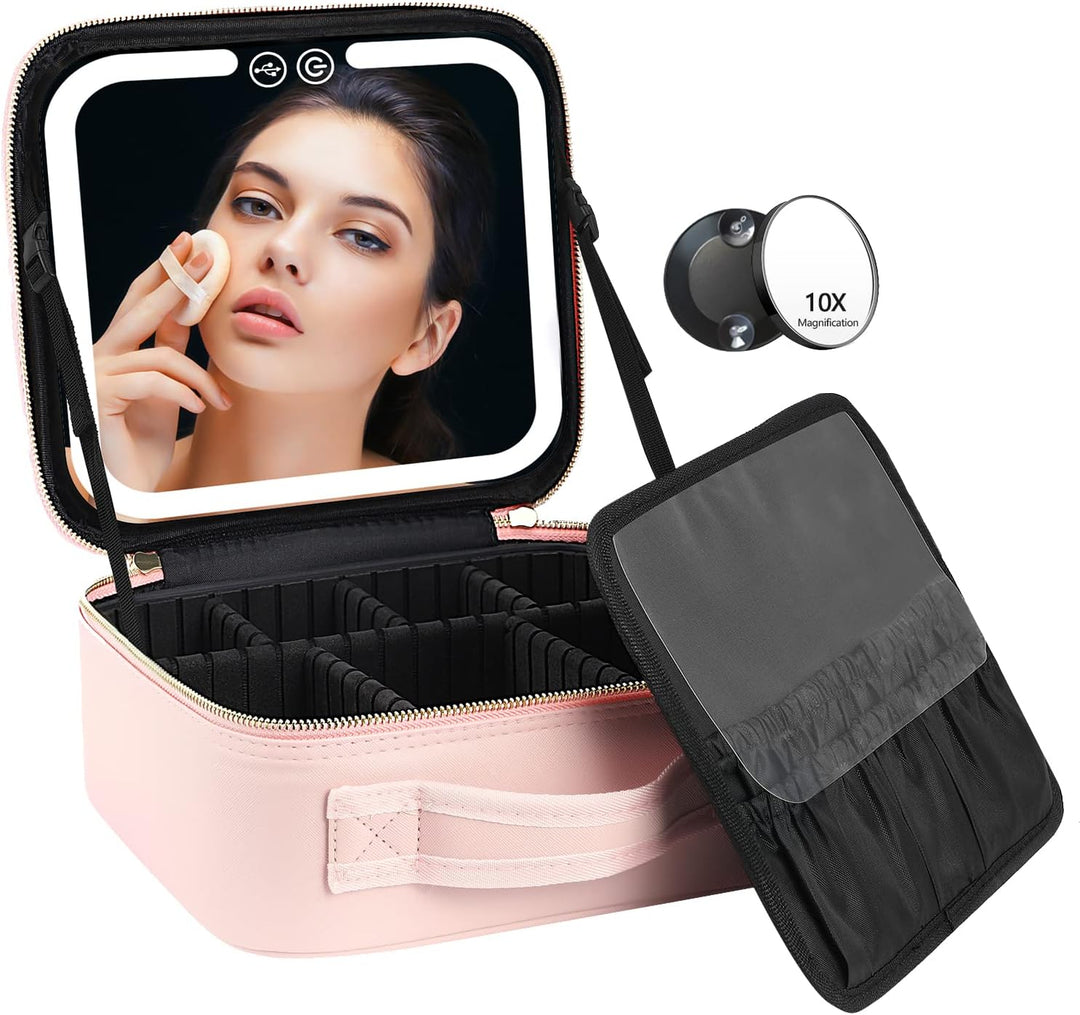 Compact travel cosmetic bag with LED mirror & adjustable dividers for organized makeup storage.