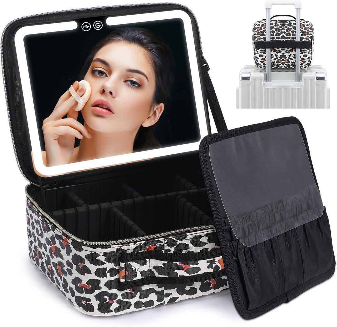 Rechargeable travel beauty case with bright LED mirror for women, ensures flawless makeup anywhere.