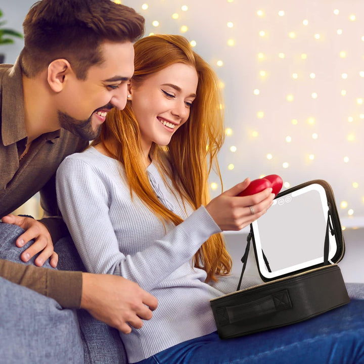 Stylish women's portable makeup organizer with LED mirror, ideal for travel beauty essentials.