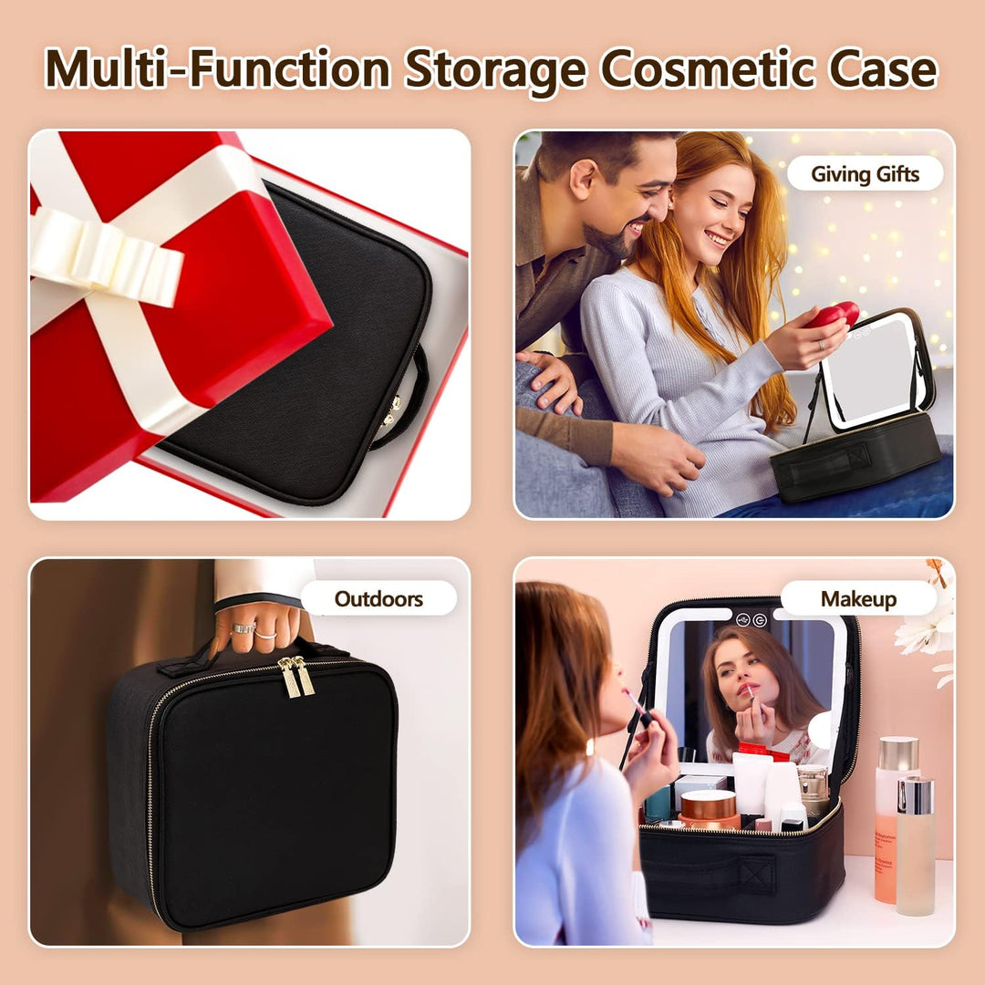 Women's essential travel accessory: portable makeup organizer with LED mirror for cosmetic storage.