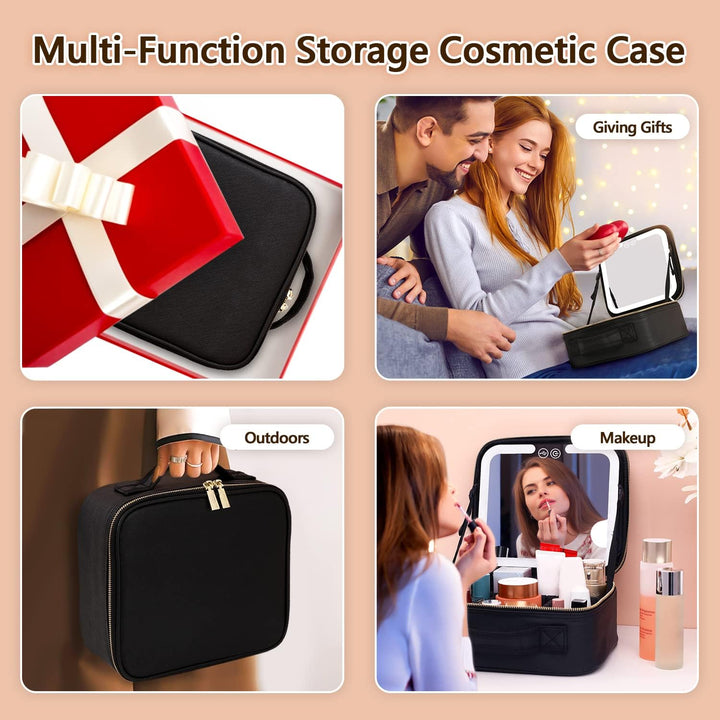 Women's essential travel accessory: portable makeup organizer with LED mirror for cosmetic storage.