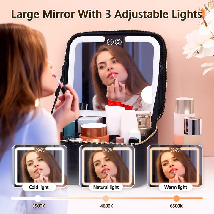 Elegant travel beauty case for women with built-in LED mirror and ample cosmetic storage.