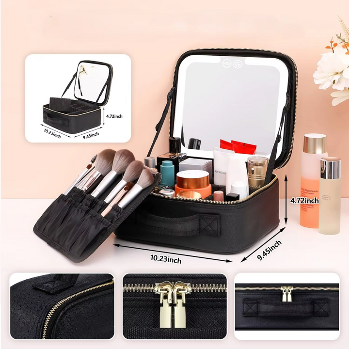 Durable travel makeup organizer with integrated LED mirror, perfect for women's cosmetic storage.