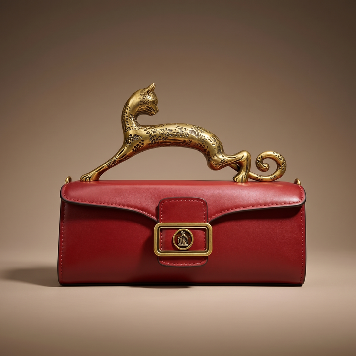 Close-up of Portia sculptural women's handbag: leopard leather detail, brass hardware, and elegant finish.
