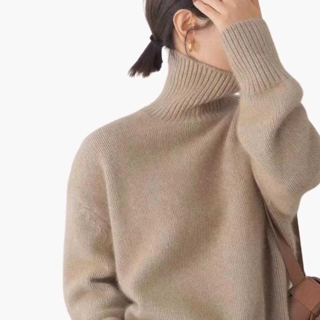 Elegant beige women's cozy turtleneck sweater. Premium soft knit, relaxed fit, a must-have fall essential.