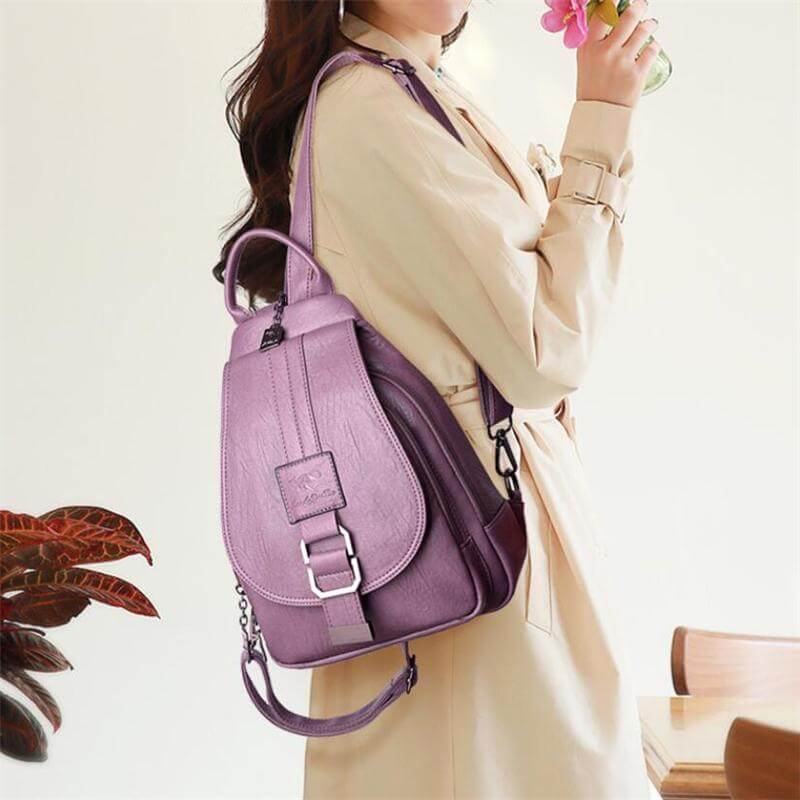 Everyday carry women's leather backpack, water resistant and highly functional pockets.