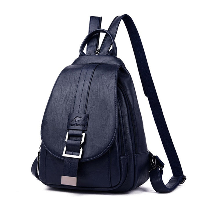 Durable women's premium leather backpack, water resistant for all seasons, side view.