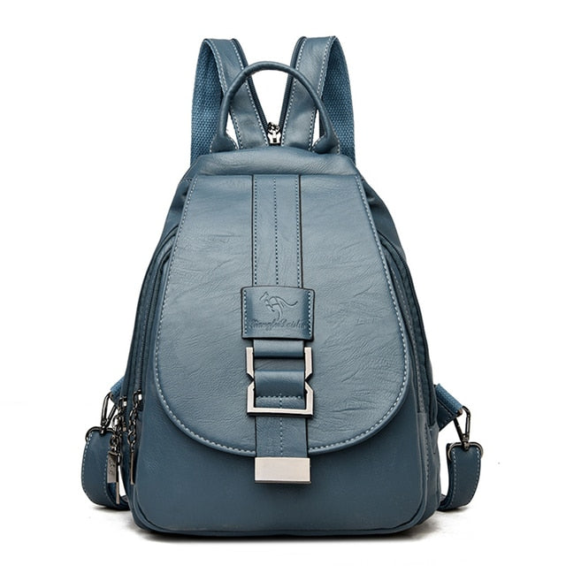 Chic designer leather backpack, water resistant for women on the go, spacious interior.