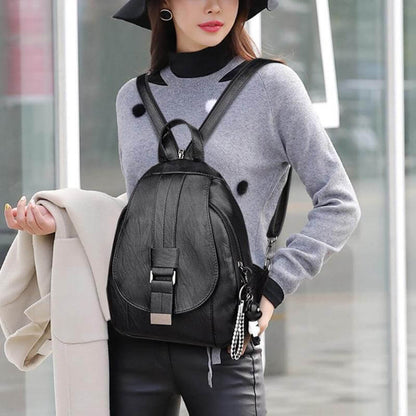 Premium anti-theft leather backpack for women, water-resistant and travel-ready.