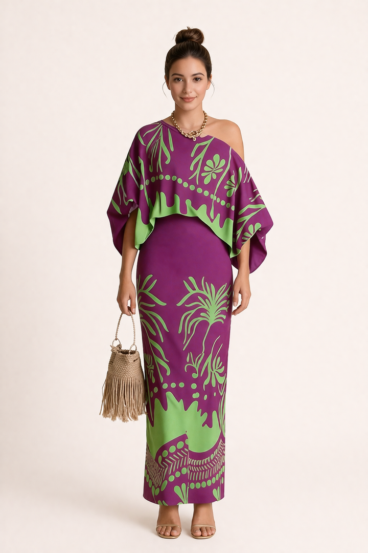 Women's printed blouse and maxi skirt set, perfect for summer vacation. Relaxed fit two-piece co-ord outfit.