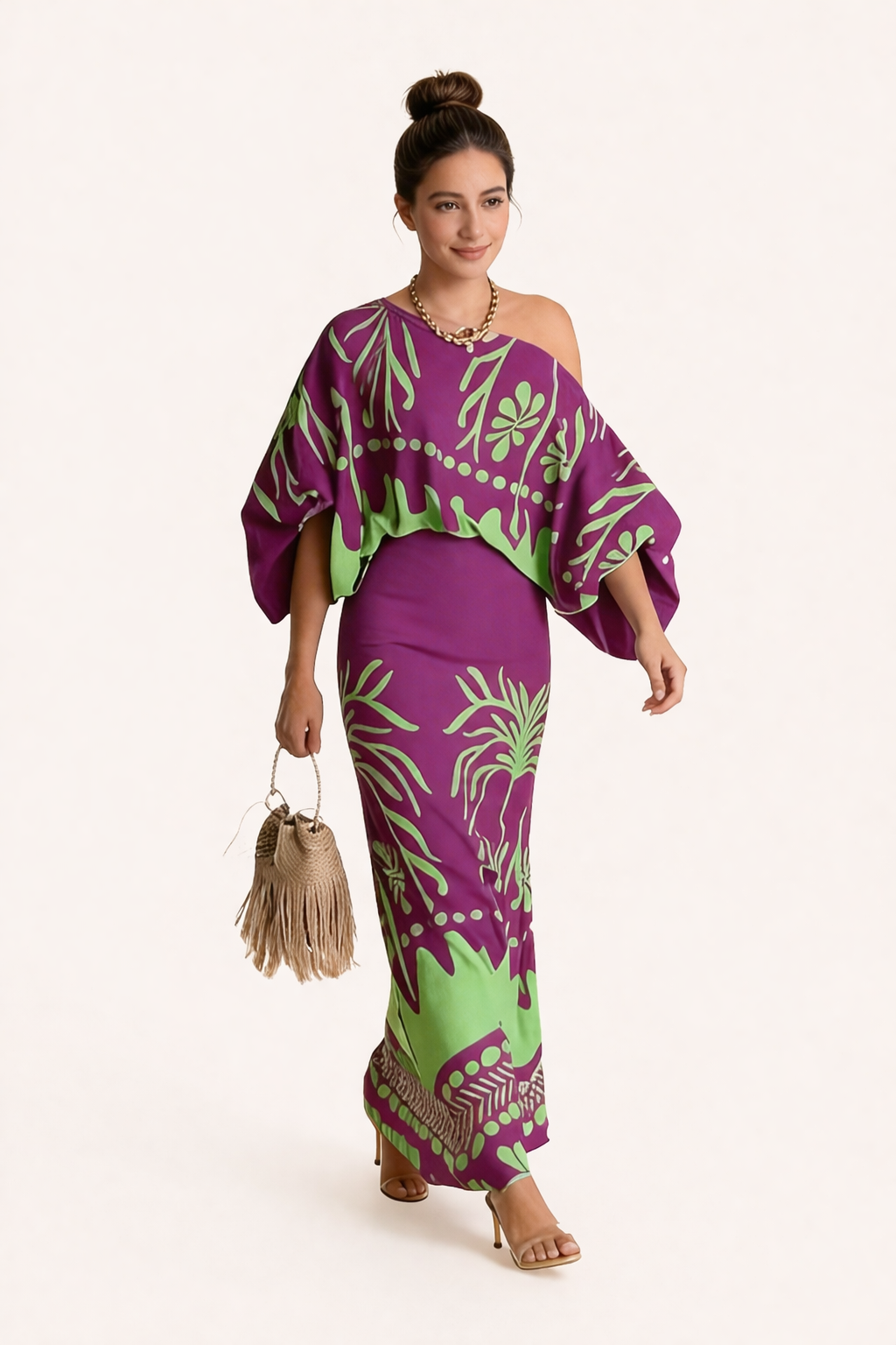 Casual women's summer clothing set with a flowing maxi skirt and stylish printed blouse. Ideal vacation wear.
