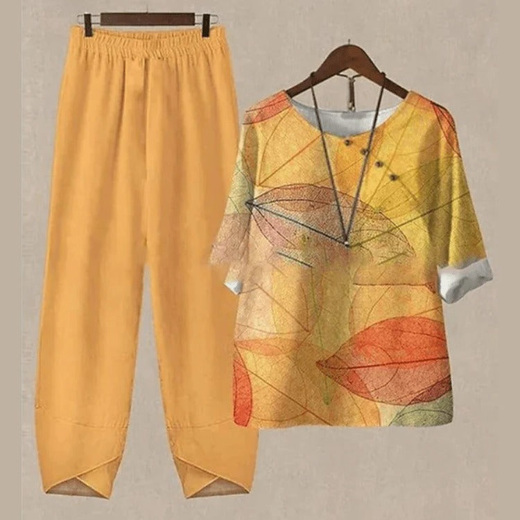 Comfortable women's printed blouse and pants set, a stylish two-piece outfit perfect for summer fashion.