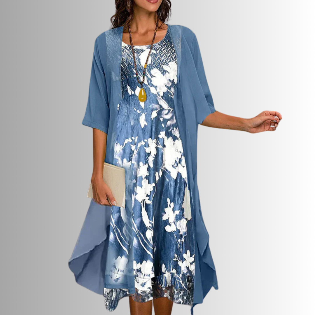 Elegant women's smart casual printed midi dress, open-front design, perfect for fashion-forward comfort.