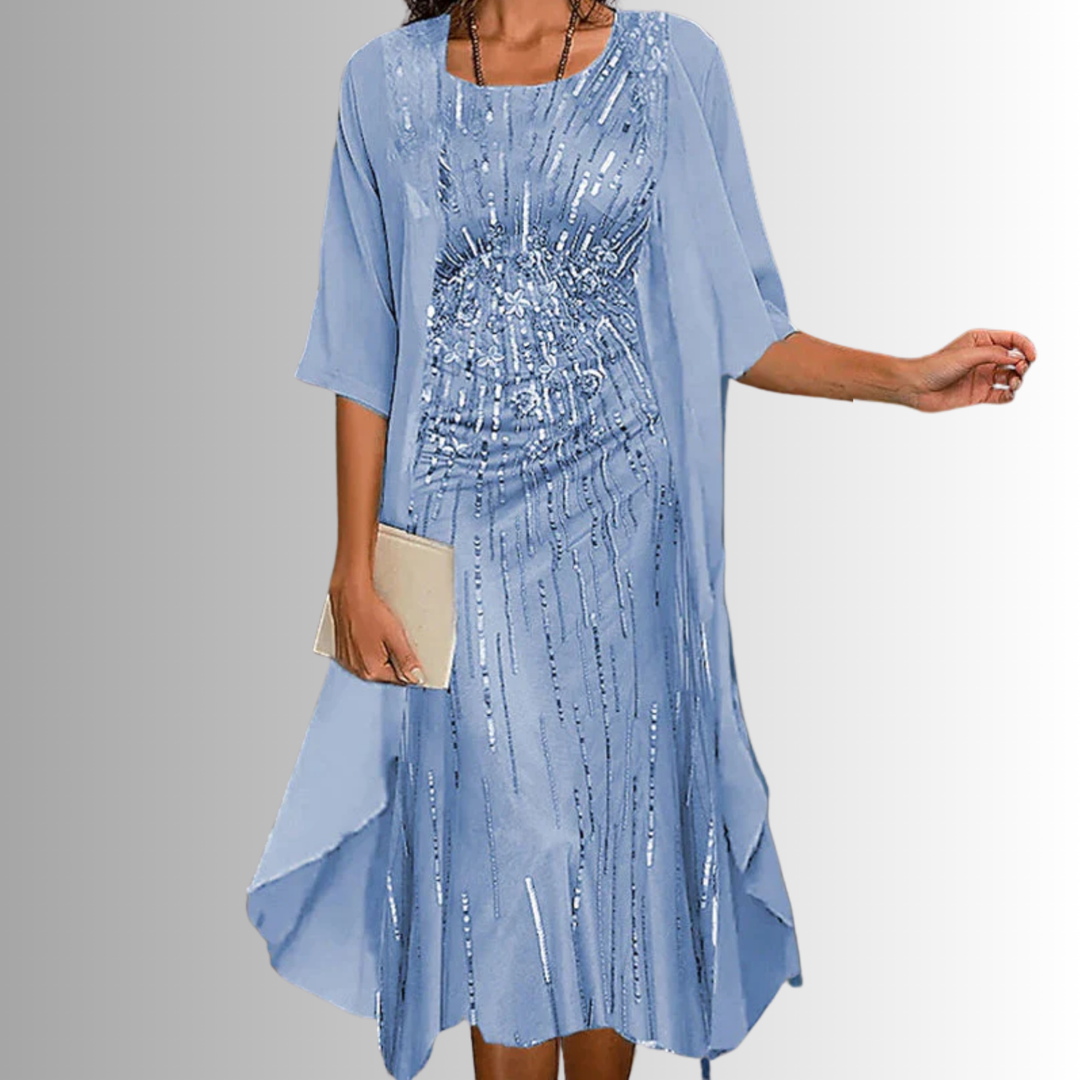 Comfortable women's printed midi dress, 3/4 sleeves, round neck, and chic open-front layered design.