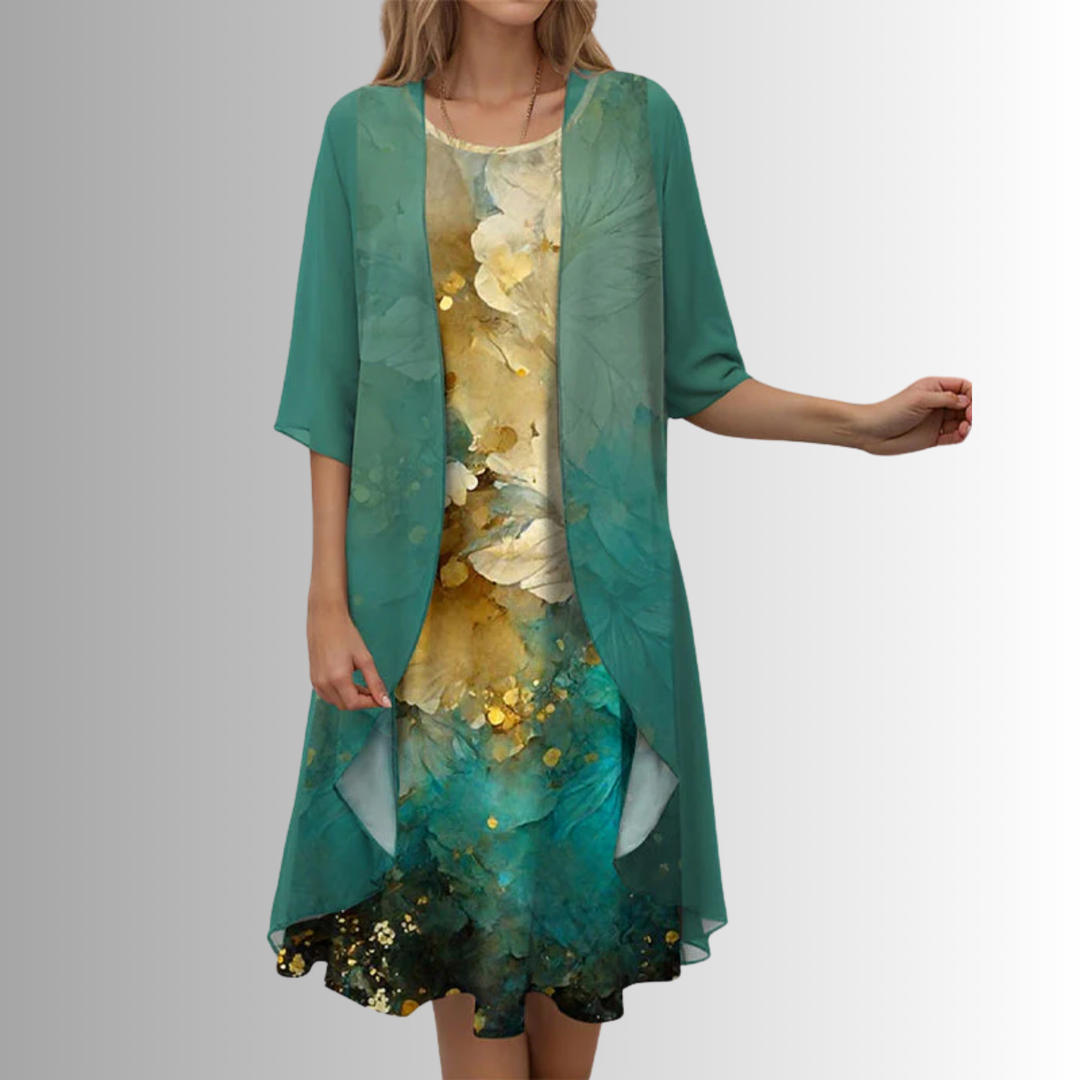 Versatile women's printed midi dress, open-front style, ideal for casual or smart casual events.