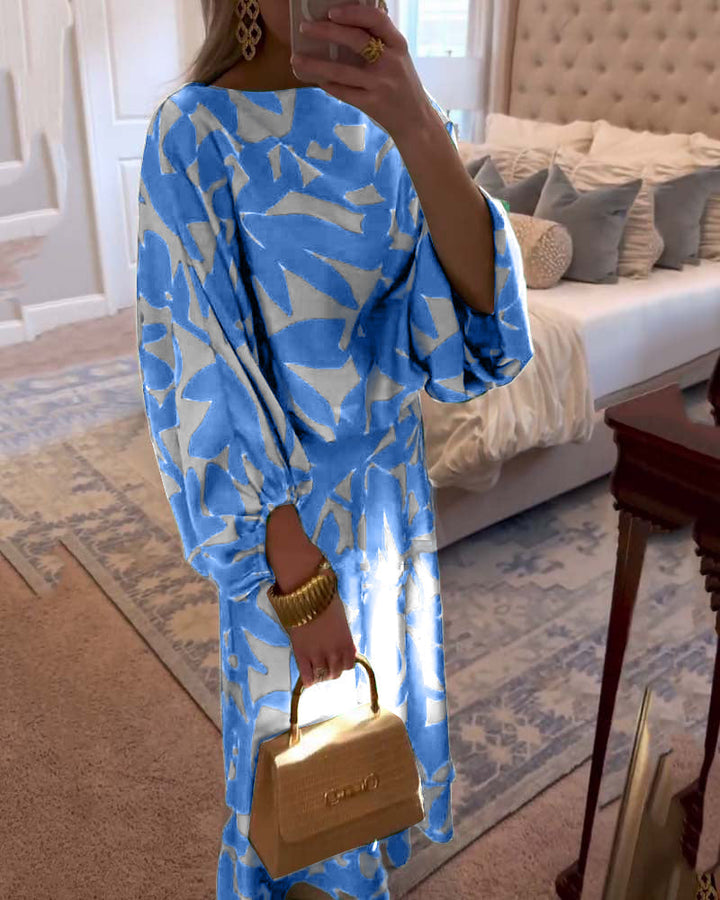 Fashionable women's printed two-piece set, featuring boho chic and versatile lantern sleeves.