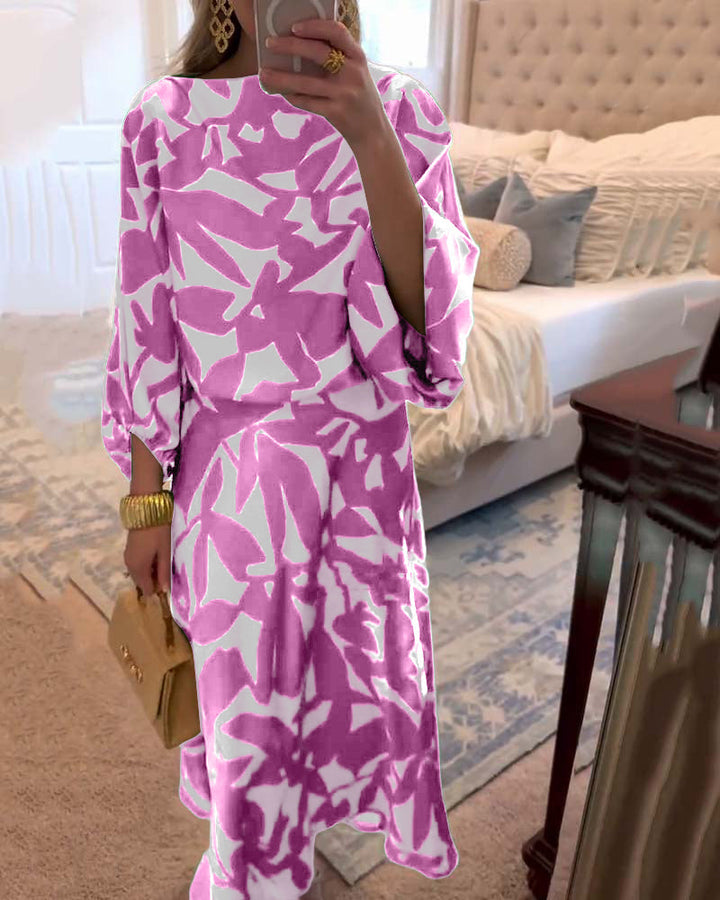 Comfortable and stylish women's printed two-piece set with flowy lantern sleeves.