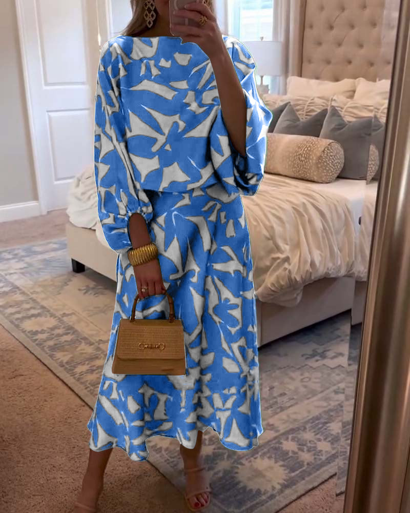 Flowy women's printed two-piece matching set with stylish lantern sleeves for casual comfort.
