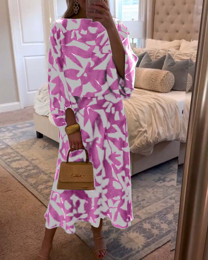 Boho chic women's printed two-piece set, featuring elegant lantern sleeves for summer fashion.