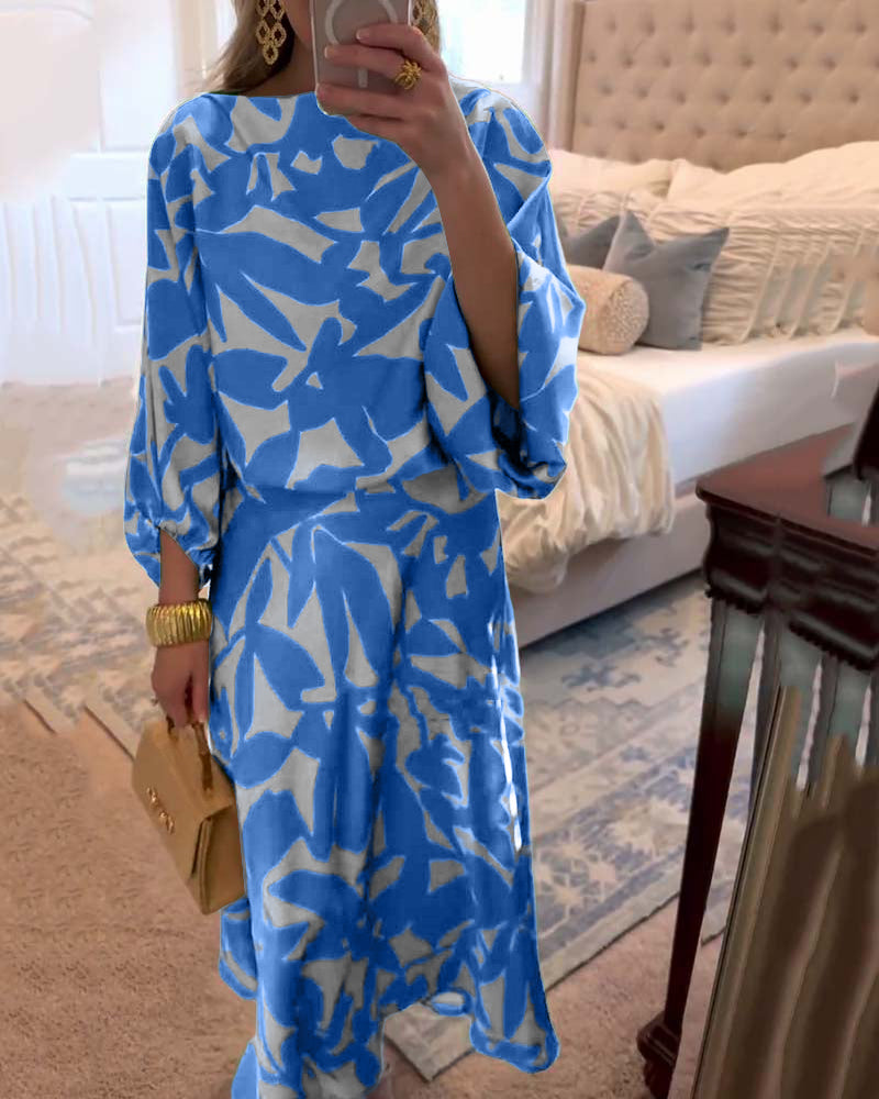 Chic women's matching printed two-piece set, perfect for summer with elegant lantern sleeves.