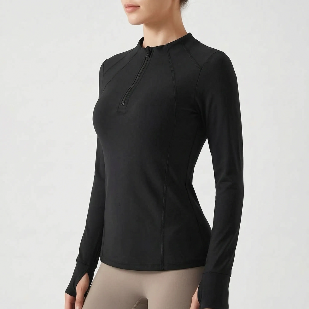 Women's long sleeve quarter-zip active top, athletic fitness apparel for running, gym workouts & layering performance.