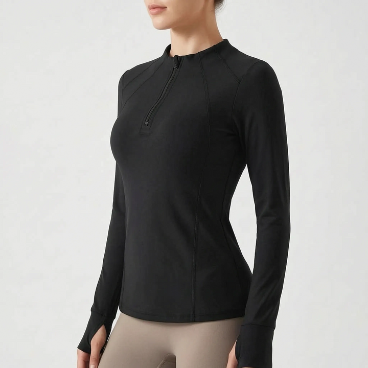 Women's long sleeve quarter-zip active top, athletic fitness apparel for running, gym workouts & layering performance.