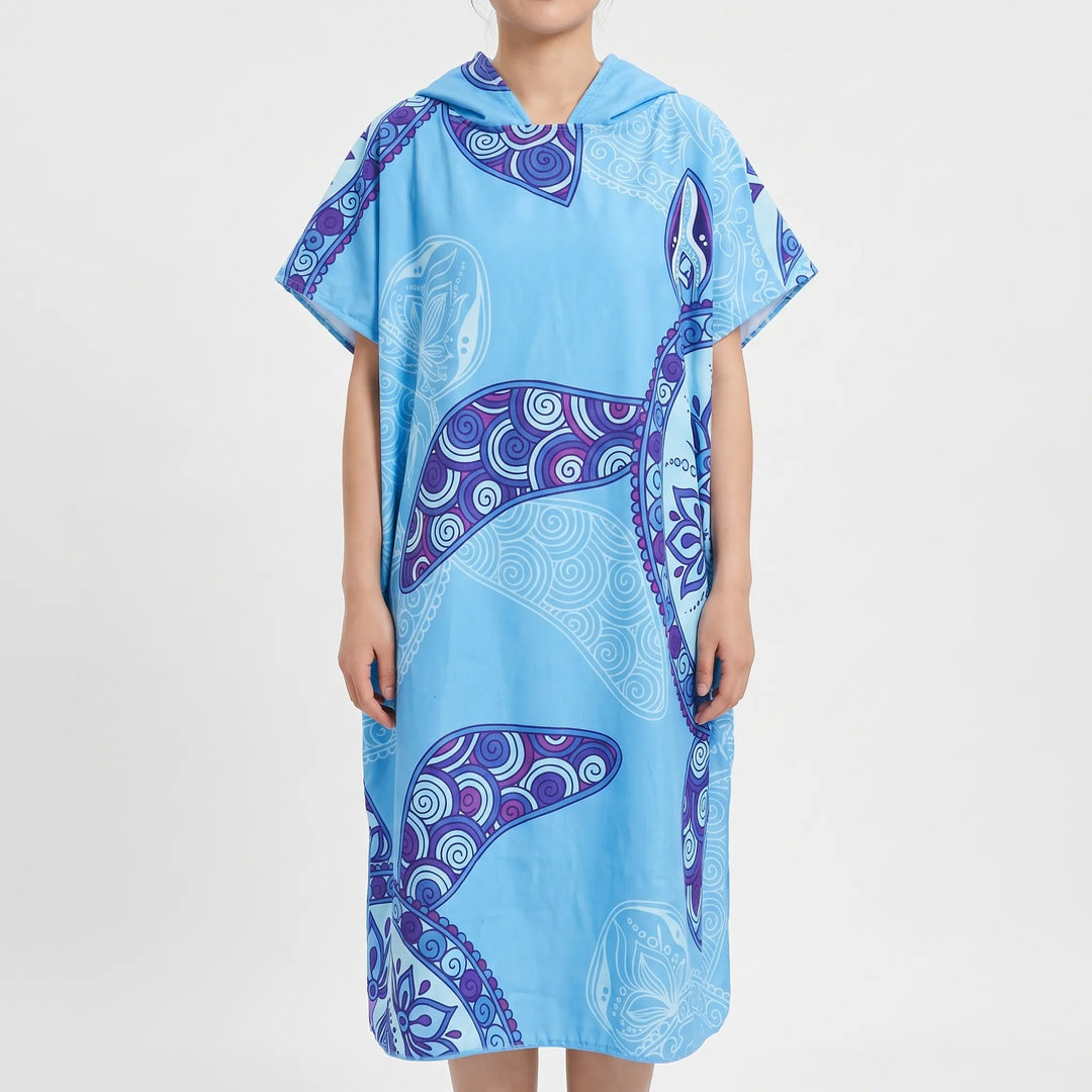 Stylish tropical print women's hooded changing poncho, a quick-dry beach towel & swimwear cover-up.