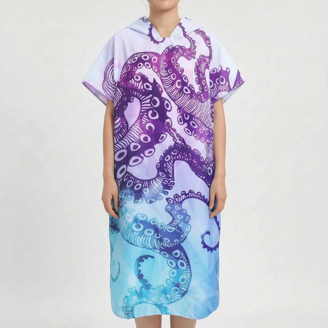 Lightweight, quick-dry women's hooded changing poncho. Essential swimwear cover-up & beach towel for travel.