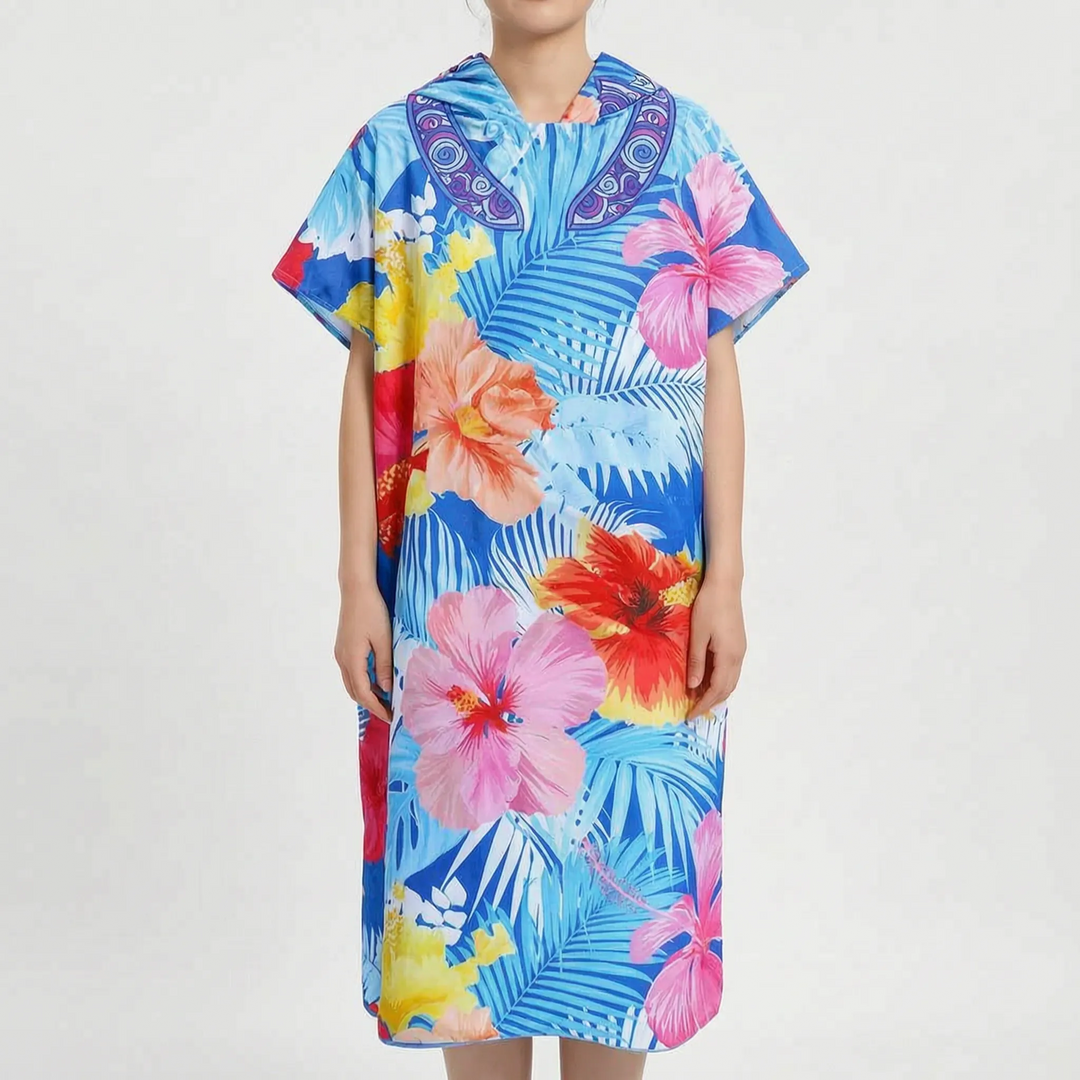 Enjoy easy changing with this women's hooded quick-dry changing poncho. Stylish tropical swimwear cover-up.