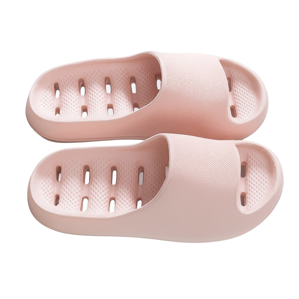 Safe non-slip women's shower slippers. Quick-dry design with drainage for wet bathroom floors & pool areas. Home comfort footwear.