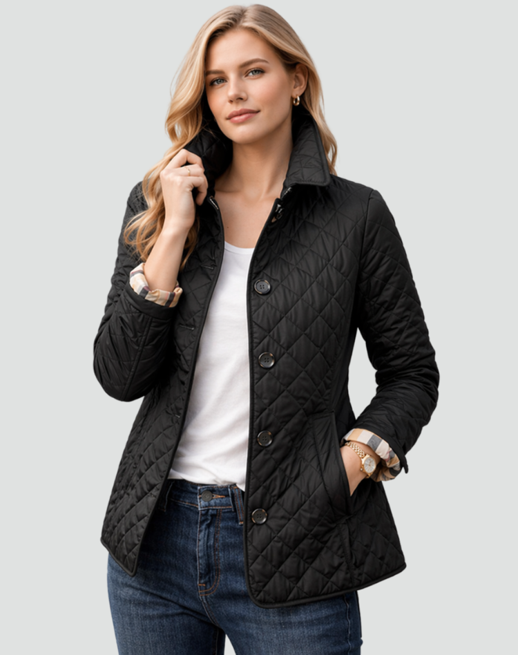 Women's quilted jacket featuring a structured collar and classic button front.