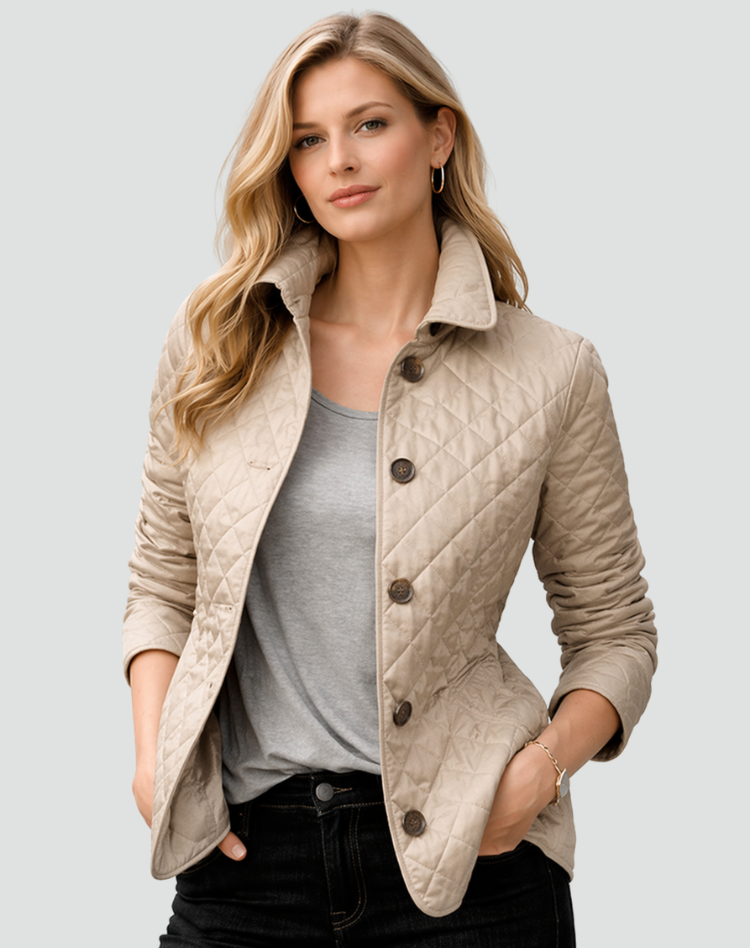 Comfortable lightweight women's quilted jacket with structured collar & button front.