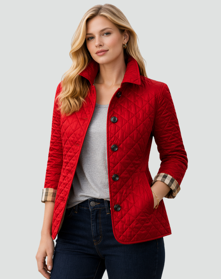 Casual women's quilted outerwear jacket with structured collar & elegant button front.