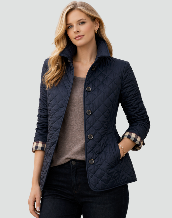 Everyday women's quilted jacket with a chic structured collar and button-front closure.
