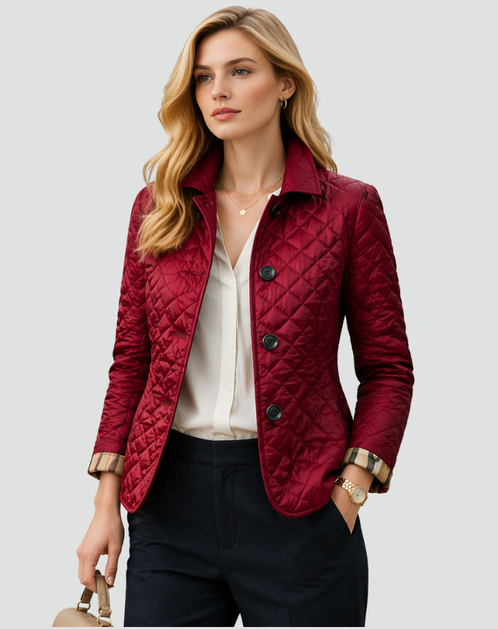 Versatile fall/spring quilted jacket for women, with a structured collar & button front.