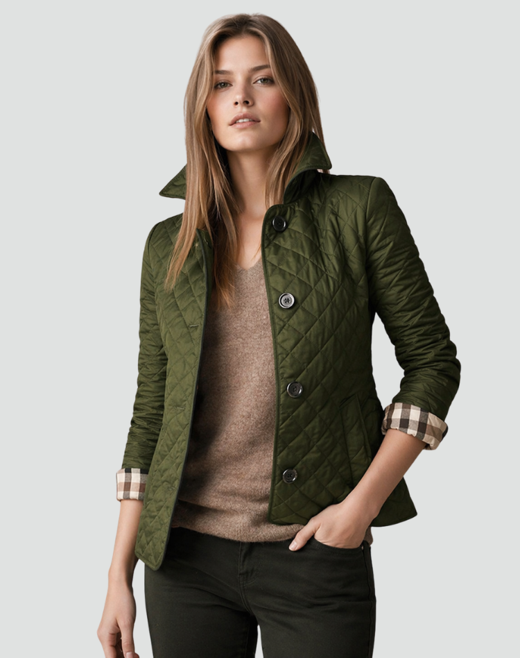 Modern women's quilted jacket, lightweight & comfortable, featuring a structured collar & button front.